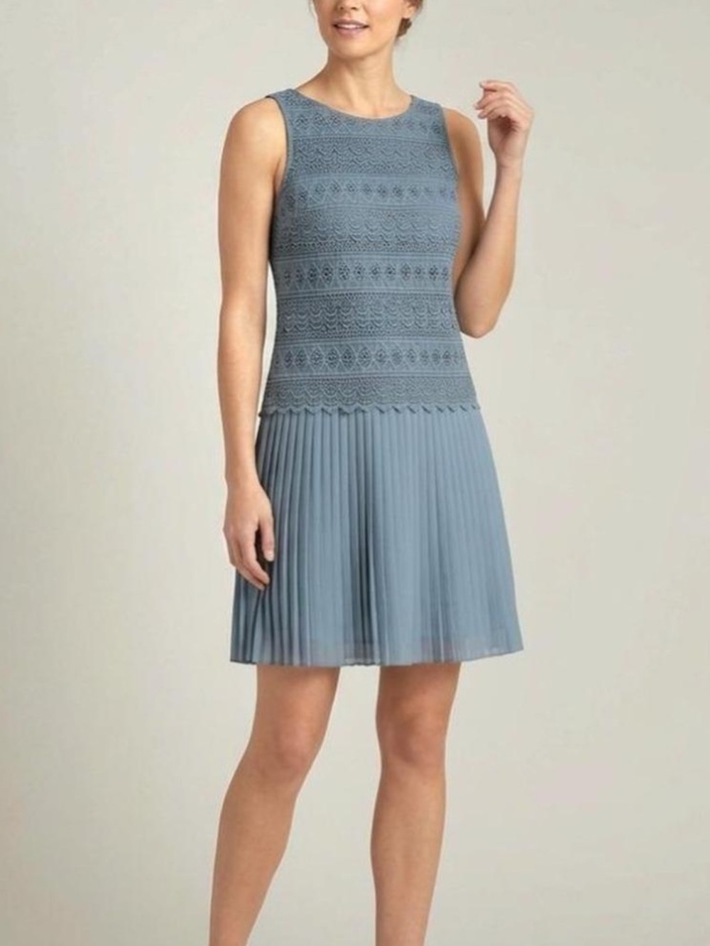 LOFT Dusty Blue Sleeveless Knit Pleated Chiffon Skirt Dress Cocktail Woman 2